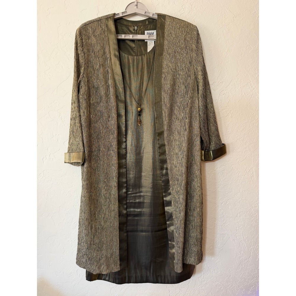 Vintage 90s R&M Richards Metallic Crinkle Duster Jacket Dress Set Necklace 16